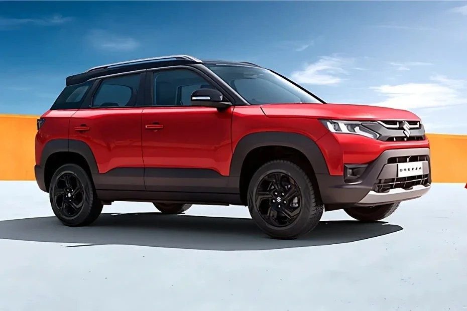 2026 Maruti Brezza, red, front three-quarter shot