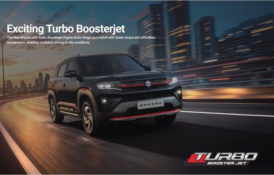 2026 Maruti Brezza turbo-petrol variant driving on a highway at dusk