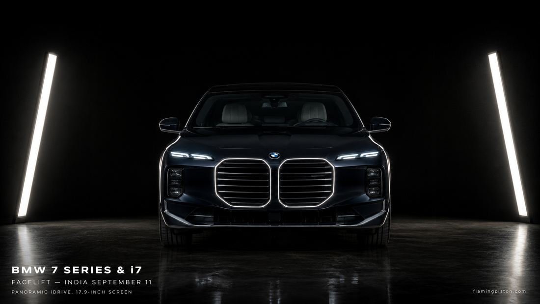 BMW 7 Series facelift head-on between two vertical strip lights