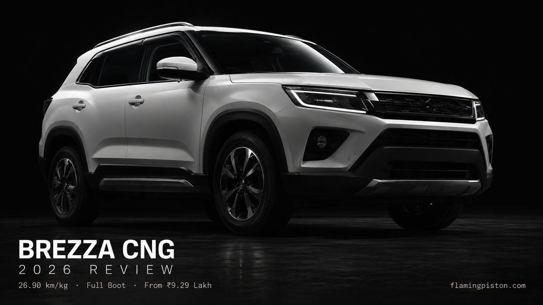 2026 Maruti Brezza CNG, dark studio graphic with underbody tank highlight and 26.90 km/kg mileage badge