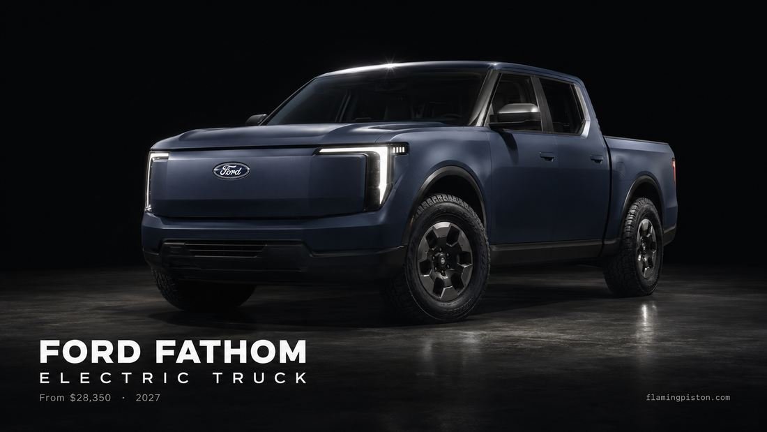 Ford Fathom electric pickup truck in dark navy, front three-quarter