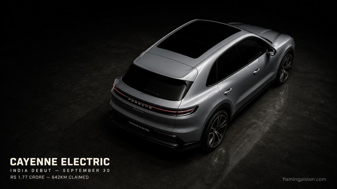 Porsche Cayenne Electric seen from above in a dark studio