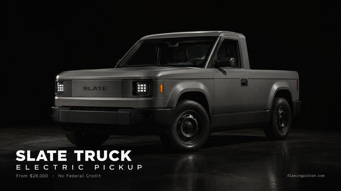 Slate electric pickup truck in raw industrial grey, front three-quarter
