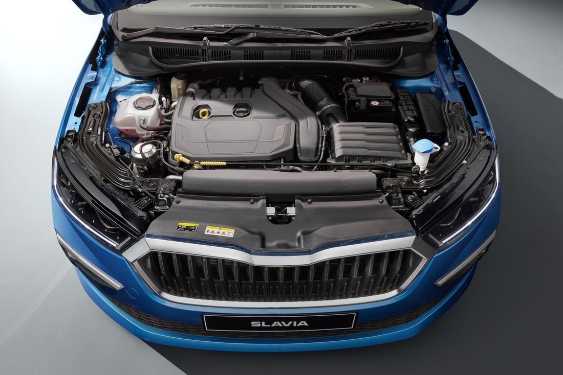 2026 Skoda Slavia facelift engine bay showing the TSI turbo-petrol engine under the bonnet