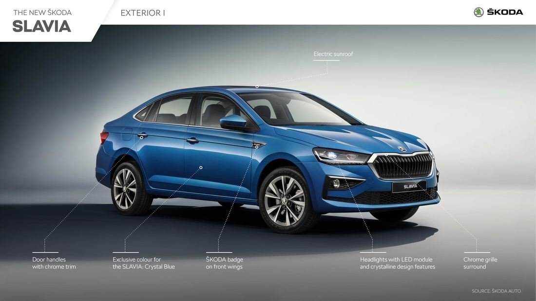 2026 Skoda Slavia facelift exterior in Crystal Blue, showing LED headlamps, chrome grille surround and diamond-cut alloy wheels