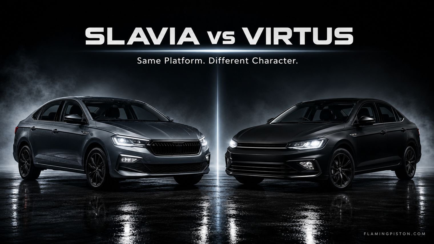 Skoda Slavia facelift and Volkswagen Virtus, side by side studio shot