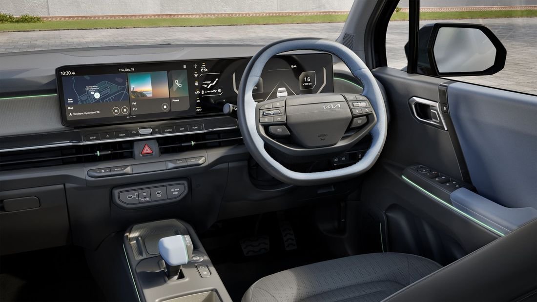 Kia Syros EV interior, steering wheel and dashboard view